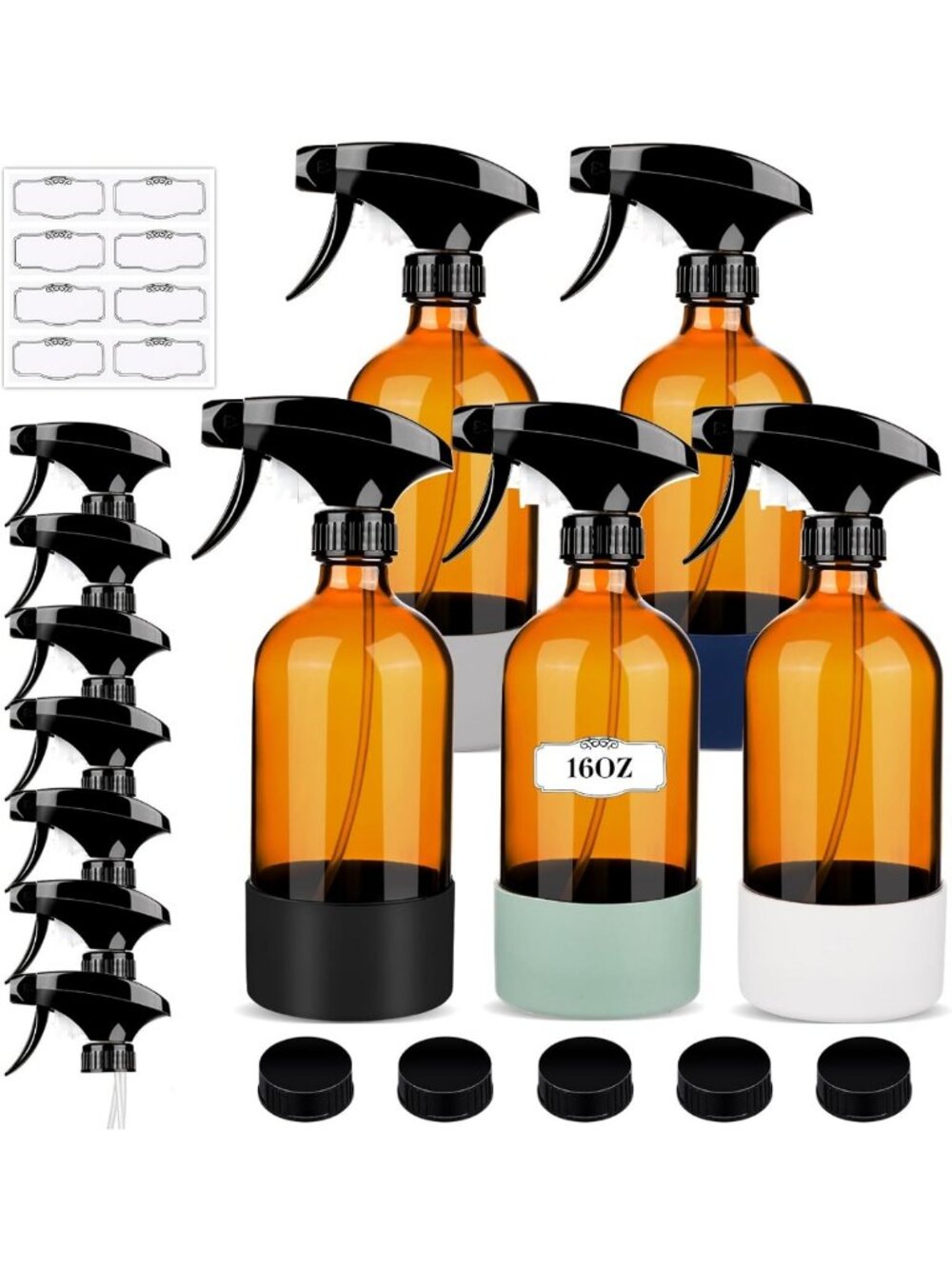 5 Pack 16 Oz Refillable Glass Spray Bottles with Silicone Sleeve & Adjustable